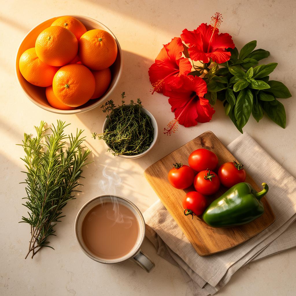 A sunlit kitchen counter with hibiscus, citrus, herbs and a mug of chai